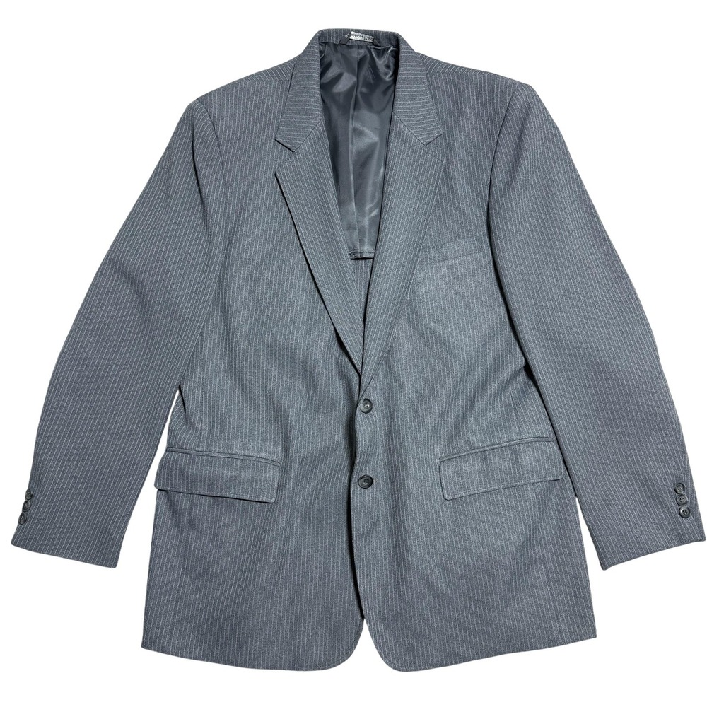 Vintage Perma-Prest Suit Mens 46 Long Gray Pinstripe 2 Piece Washable USA